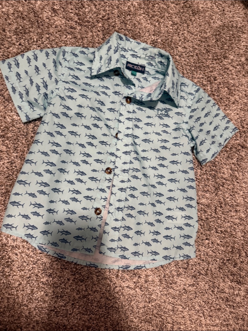 Light Blue Short-Sleeve Shark Print Button-Down Shirt for Toddler